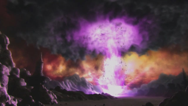 Purple explosion ignites the mountain lands with a plume of black smoke covers the sky
