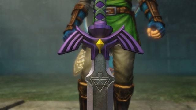 Link in a green tunic walking towards the Master Sword stuck in a rock