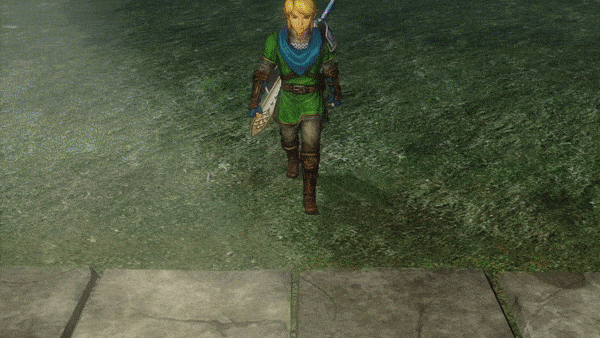 Link in a green tunic walking towards the Master Sword stuck in a rock animated