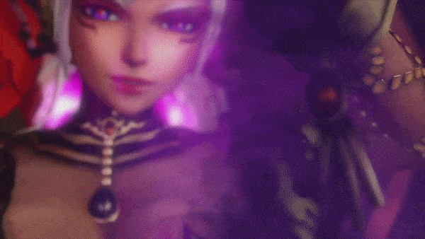 The witch Cia's face close up, smiling as she materializes her staff in front of her with purple light animated