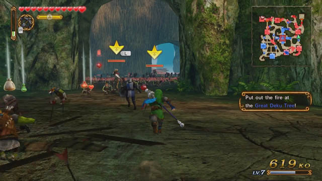 Link running through forest with soldiers ahead from a Hyrule Warriors screenshot