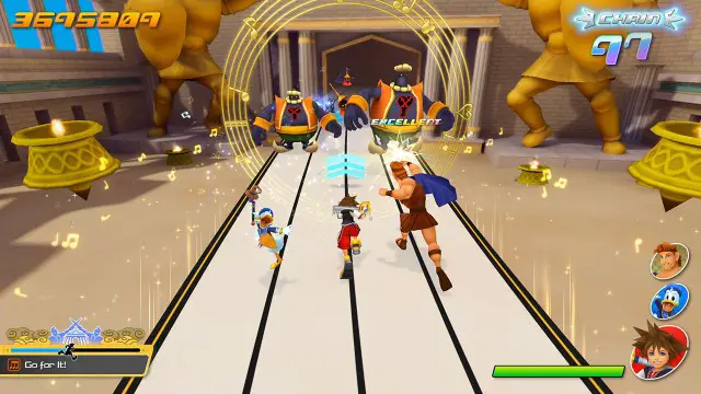 Hercules and two other characters running along a path with enemies in front of them from a screenshot of Kingdom Hearts Melody of Memory for Switch