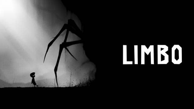 A little boy in front of a giant spider's silhouette with the Limbo logo to the right of the screen 