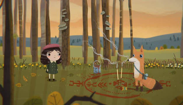 A small girl in the woods looking at a fox with incense burning between them from the game Little Misfortune