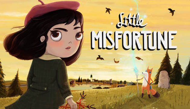 A young girl looking over her shoulder in a filed with a fox and the Little Misfortune logo hovering overhead