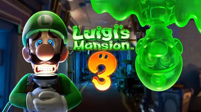 Luigi looking scared next to a green Luigi made of goo inside a hotel hallway