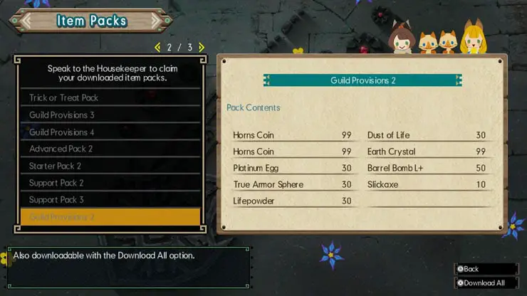 Screen detailing a list of Monster Hunter items