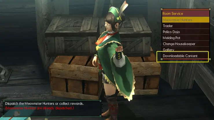 Female Housekeeper from Monster Hunter wearing green, presenting a list of options to the player