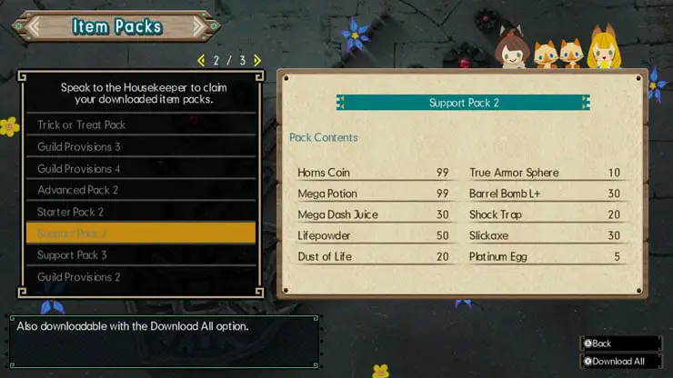 Screen detailing a list of Monster Hunter items