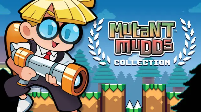 A boy with a water gun next to the Mutant Mudds Collection logo 