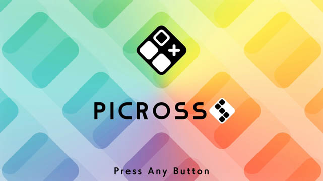 Picross S logo in front of a multicolored background