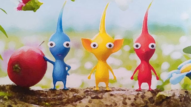 A blue, yellow, and red Pikmin creature standing on a log staring at the viewer in a forest setting