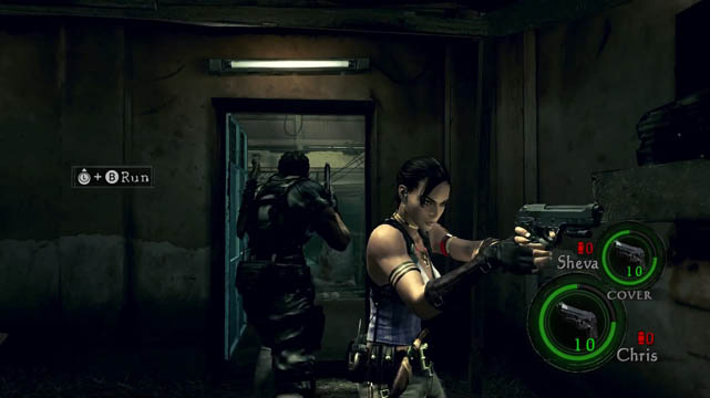 A man and woman in military gear back to back in front of a door; Resident Evil 5 screenshot