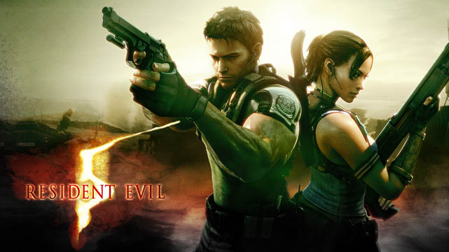 A man and woman in miilitary gear, back to back, next to the Resident Evil 5 logo