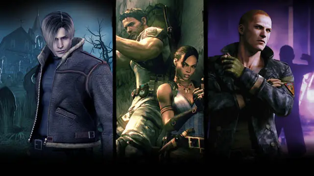 Four Resident Evil characters in scary looking locales