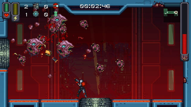 A man in a space suit shooting aliens above him; A Robot Name Fight! screenshot