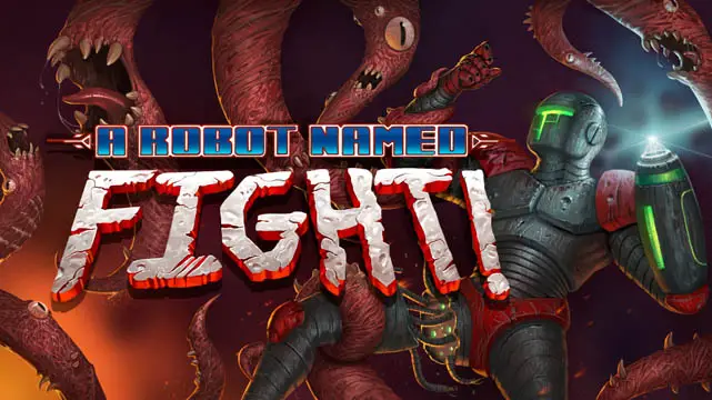A robot fighting aliens in front of A Robot Named Fight's logo