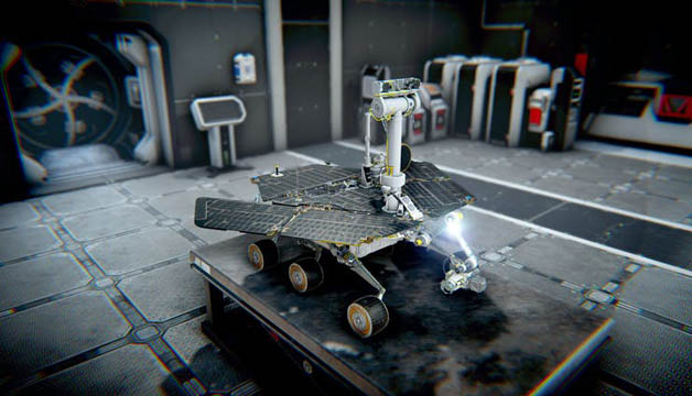 A mechanics room and a Mars Rover from the game Rover Mechanic Simulator