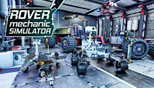 A mechanic's garage with Mars Rovers with the Rover Mechanic Simulator logo to the top left of the image