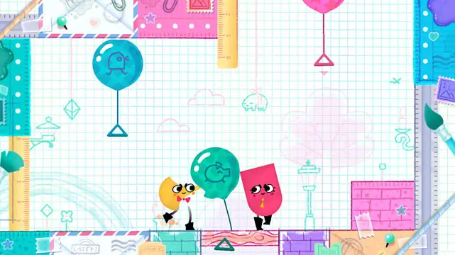 Two colorful shapes characters in a white room with balloons; Snipperclips screenshot