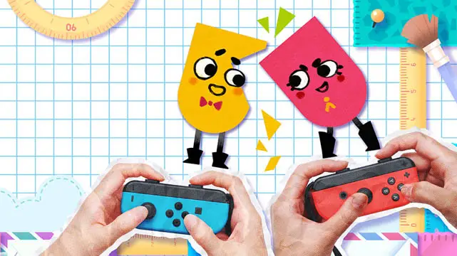 Two colorful characters in front of hands holding Joy-Con