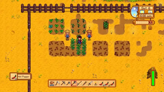 A farmland with a farmer tending to crops; Stardew Valley screenshot