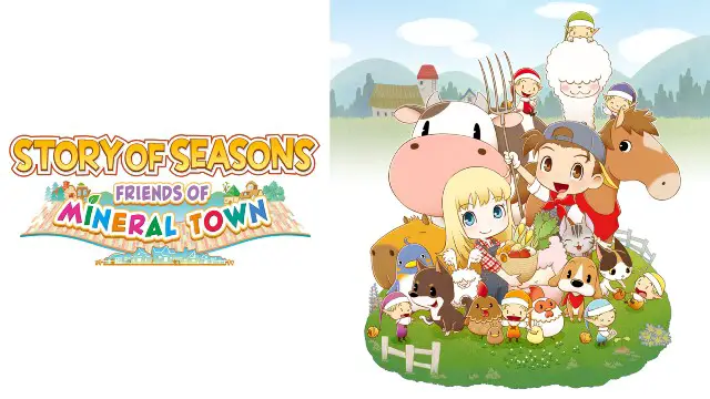 A picture of a young farmer, his blonde female friend, and a bunch of animals in anime art style with the Story of Seasons logo to the left of them