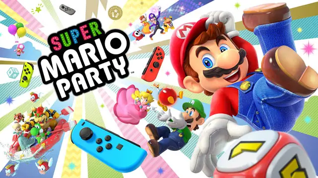 Super Mario and his friends floating against a rainbow party background with the Super Mario Party logo floating nearby