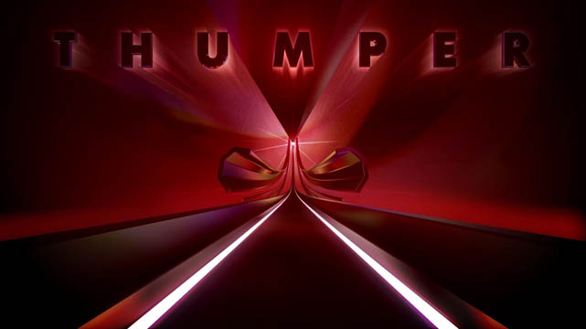 Thumper logo against a red screen with a beetle and track beneath it