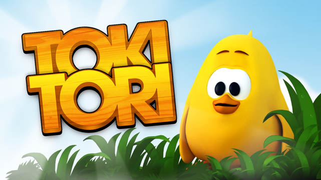 Toki Tori logo next to a yellow bird and green grass
