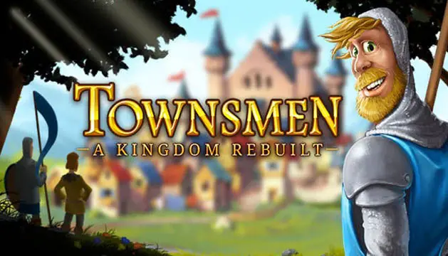 A medieval knight looking over his shoulder with a castle in the background with the Townsmen logo in the middle of the image