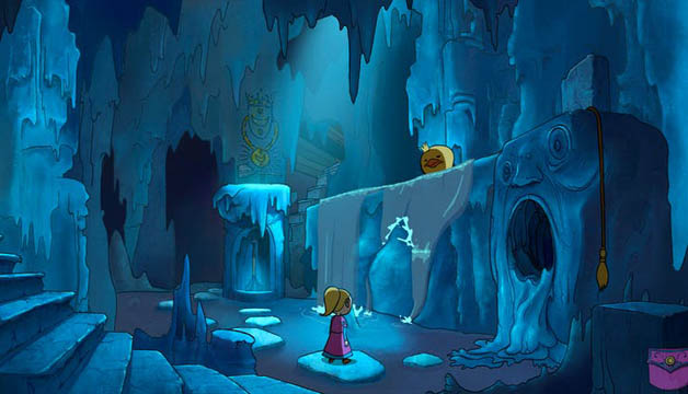 A small girl within a blue ice cavern from the game Tsioque