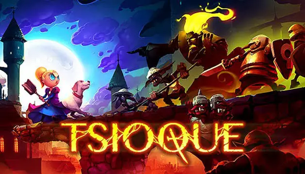A fiery headed figure pointing at the top of a castle against a night sky with the Tsioque logo at the bottom of the image