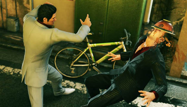 A man in a suit throwing a bowl of noodles on the head of another man in a suit from the game Yakuza Kiwami 2