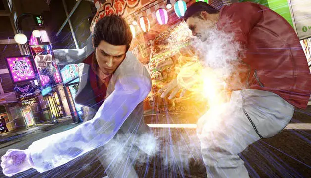 A man in a white long sleeved shirt striking another man in the street from the game Yakuza Kiwami 2
