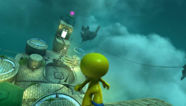 A small green man looking at clouds and landscape from the game Youropa