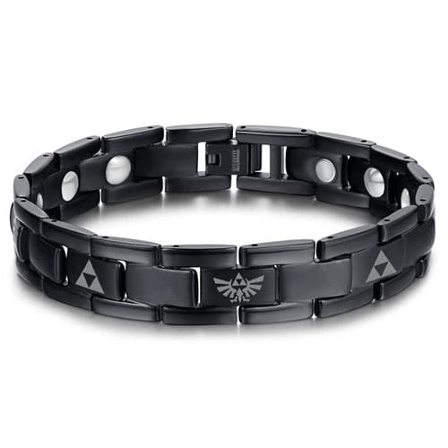 A black bracelet with Zelda emblems on it