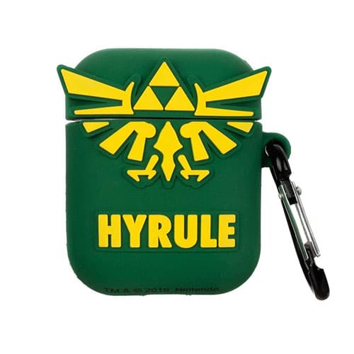 A green airpods case with yellow Zelda logo and "Hyrule" word on the front