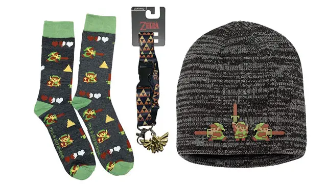 A pair of Zelda themes socks, lanyard, and beanie