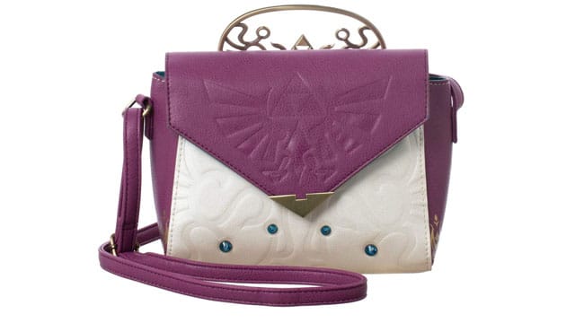 A purple and white Zelda themed purse