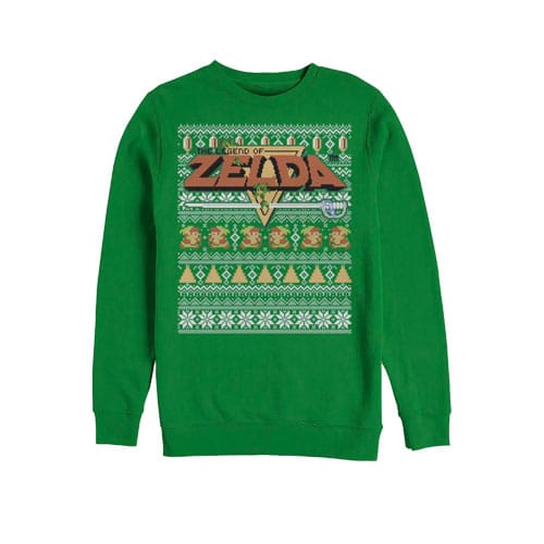 A green sweater with the classic Zelda logo on the front and classic character sprite art