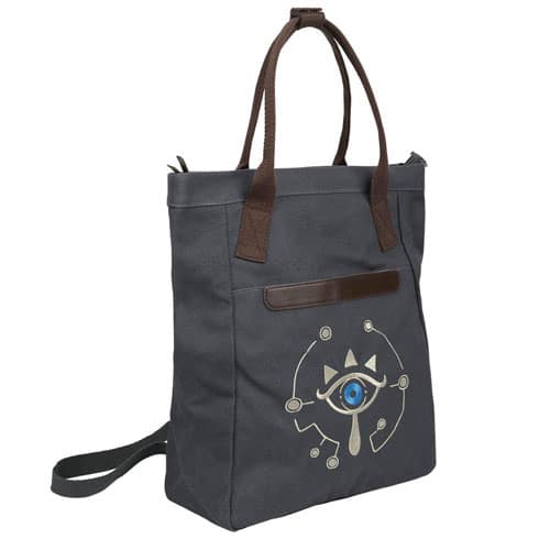 A gray tote bag with a Zelda emblem on it