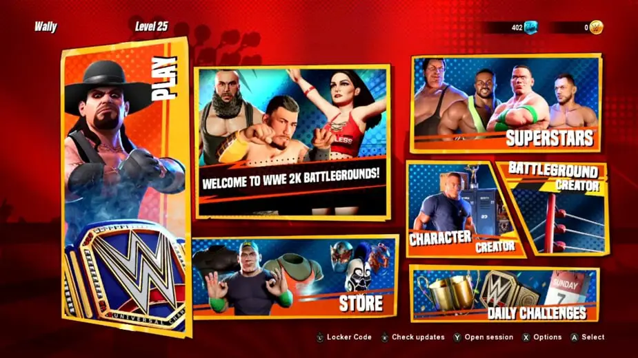 A menu mode select screen with a bunch of boxes and wrestlers in each