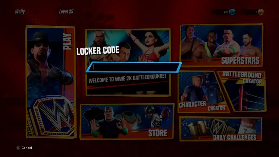 A code entry field atop a a menu mode select screen with a bunch of boxes and wrestlers in each