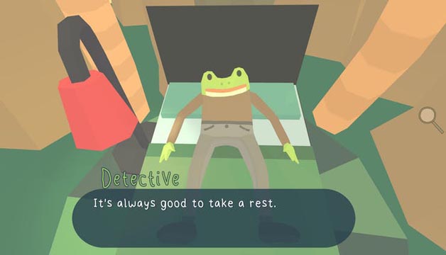 Smiling cartoon frog lying on a bed