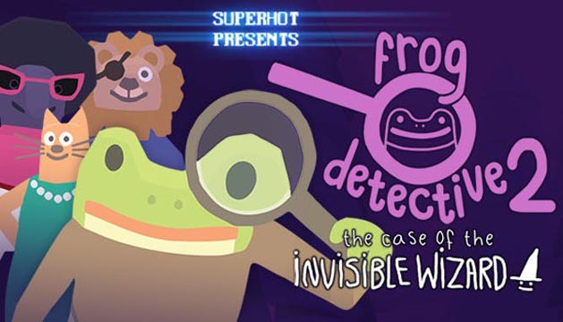 A cartoon frog holding a magnifying glass up to its eye with cartoon animal friends standing behind hit