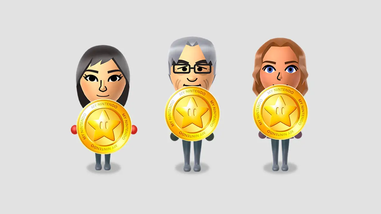 Three Miis holding a star gold coin against a light gray background