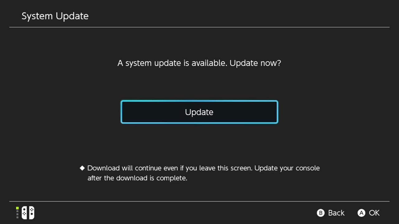 A gray screen prompting the player to Update the Switch