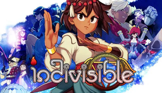 A bold woman with her hand out against a blue sky with characters in the background; Indivisible logo beneath the game art