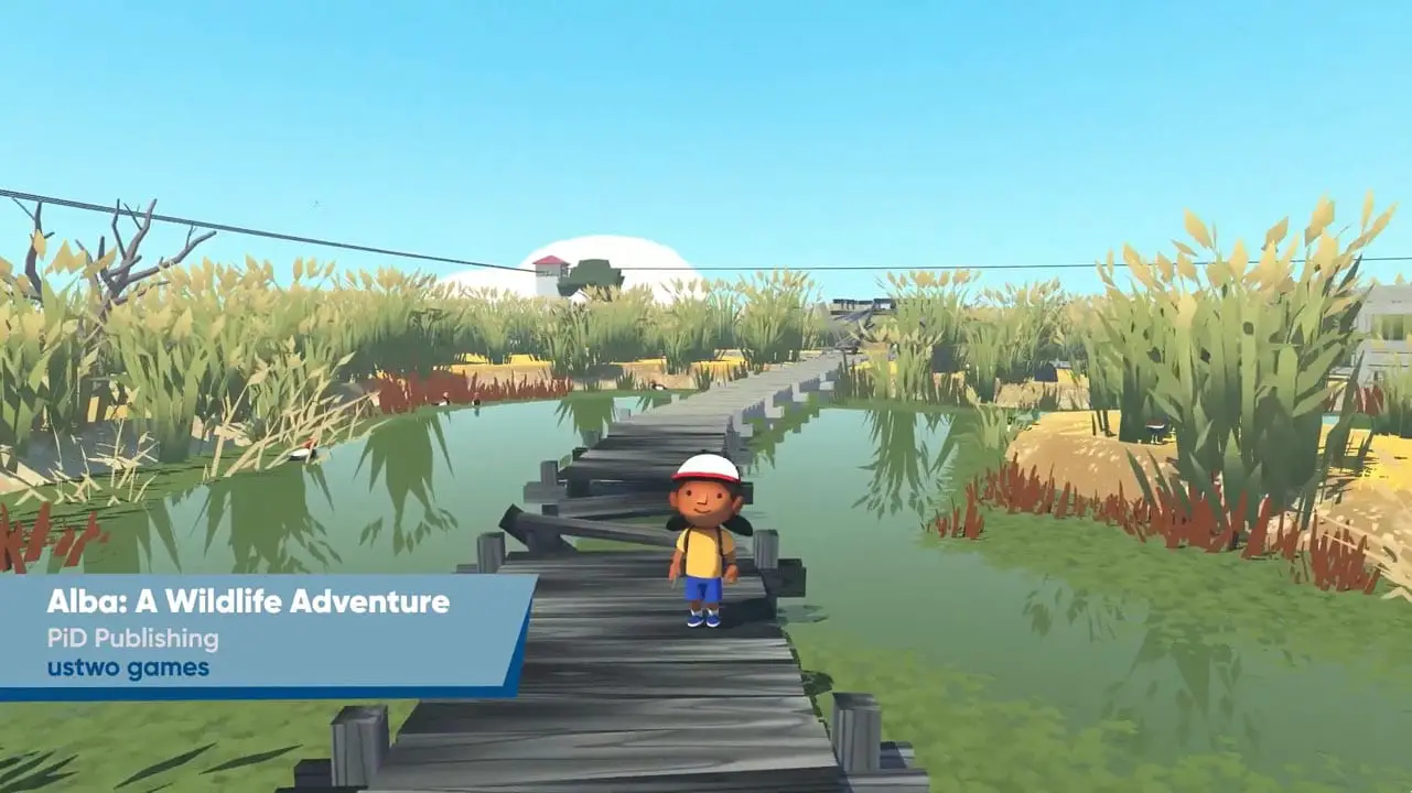 A small boy running on a bridge over swampy water